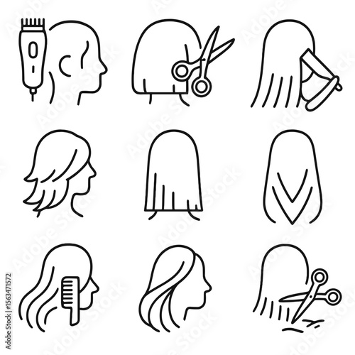 Icons of Haircuts. Line style icons of haircuts by length: barber clippers buzz, scissors on bob, razor trim on medium, layering