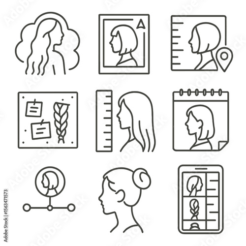 Hair Goals Icons. Line style icons of hair goals and inspiration: long hair dream icon, bob inspiration picture, medium goal