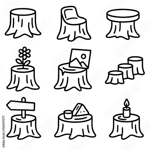 Tree Stump Icons. Line style icons of tree stump uses: stump as seat, carved stool stump, flat table stump, stump with flowerpot,