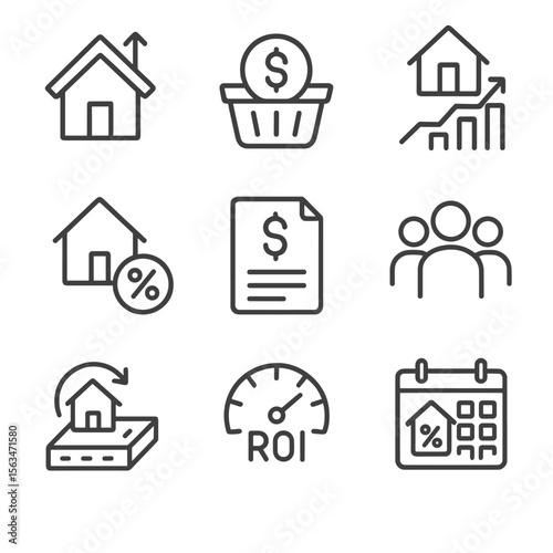 Real Estate Investment Icons. Line style icons of investment and ROI: house with upward arrow, real estate fund icon, property