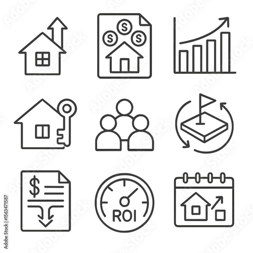 Real Estate Investment Icons. Line style icons of investment and ROI: house with upward arrow, real estate fund icon, property