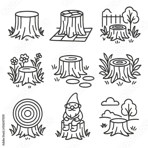 Tree Stump Icons. Line style icons of tree stumps in landscaping: garden stump seat, patio stump stool, backyard stump design,
