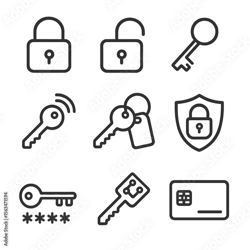 Locks and Keys Icons. Line style icons of locks and keys: padlock closed, padlock open, traditional key, smart key icon, keyring