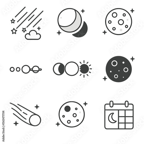 Astronomy Event Icons. Line style icons of famous astronomical events: meteor shower icon, lunar eclipse, solar eclipse phases,