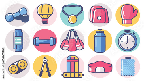 Illustration of fitness equipment including dumbbells, jump rope, boxing gloves, and water bottle icons