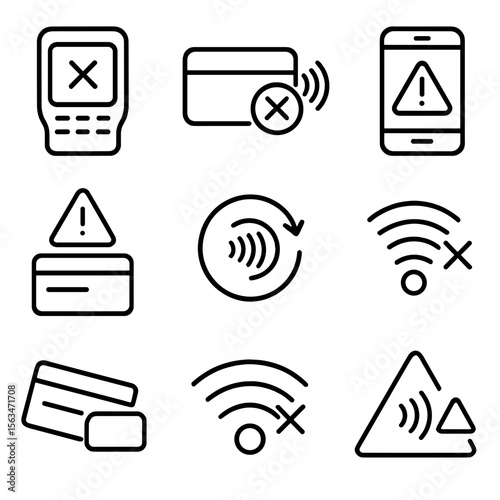 Declined Payment Icons. Line style icons of failed or declined contactless: cross icon on terminal, rejected card with wave, phone