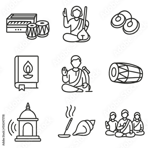 Devotional Music Icons. Line style icons of devotional music sets: bhajan setup with tabla and harmonium, singer with tanpura,