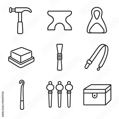 Indian Instrument Icons. Line style icons of Indian instrument accessories: tabla tuning hammer, tanpura bridge, sitar mizrab, bow