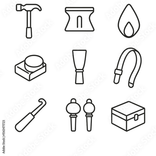 Indian Instrument Icons. Line style icons of Indian instrument accessories: tabla tuning hammer, tanpura bridge, sitar mizrab, bow