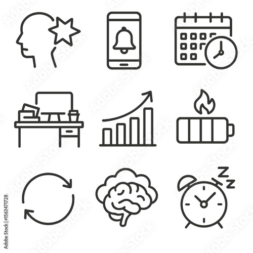 Productivity Pitfalls Icons. Line style icons of productivity pitfalls: distraction symbol, phone alert icon, missed deadline,