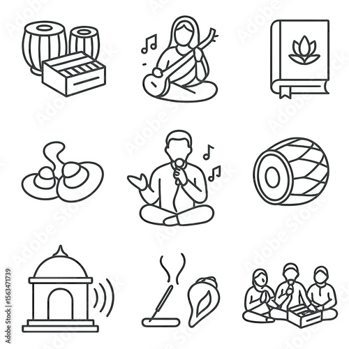 Devotional Music Icons. Line style icons of devotional music sets: bhajan setup with tabla and harmonium, singer with tanpura,