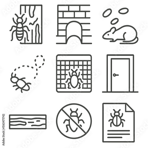 Pest Inspection Icons. Line style icons of pest inspection: termite damage icon, pest entry point, rodent droppings icon, nest in