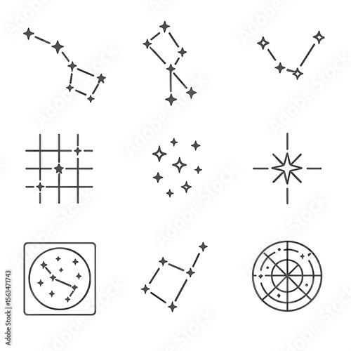 Constellation Line Icons. Line style icons of constellations and sky maps: Big Dipper, Orion’s Belt, Cassiopeia icon, star grid
