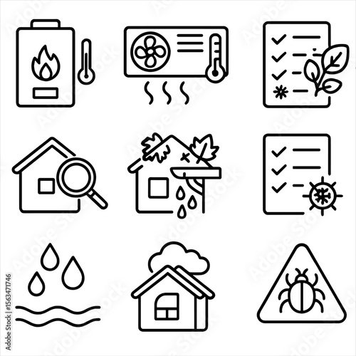 Seasonal Inspection Icons. Line style icons of seasonal inspection items: winter heating check, summer cooling inspection, spring