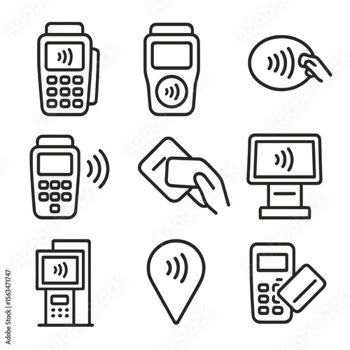 Contactless Payment Icons. Line style icons of contactless POS systems: payment terminal with wave symbol, POS machine with NFC