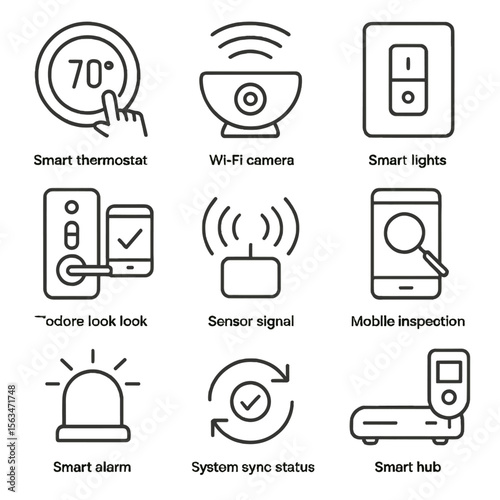 Smart Home Icons. Line style icons of smart home inspection: smart thermostat test, Wi-Fi camera icon, smart light switch,