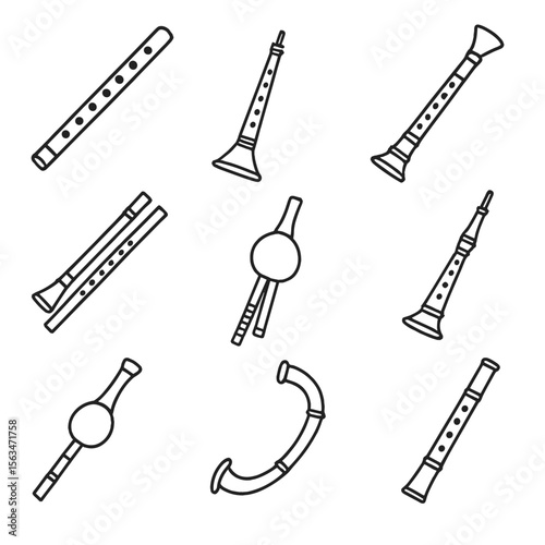Indian Wind Instruments Icons. Line style icons of Indian wind instruments: bansuri (flute), shehnai, nadaswaram, algoza, pungi,