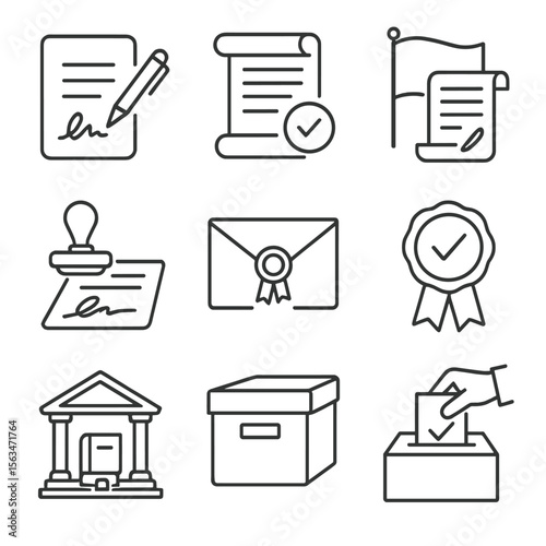 Treaty Ratification Icons. Line style icons of treaty ratification and process: official signature icon, legislative approval