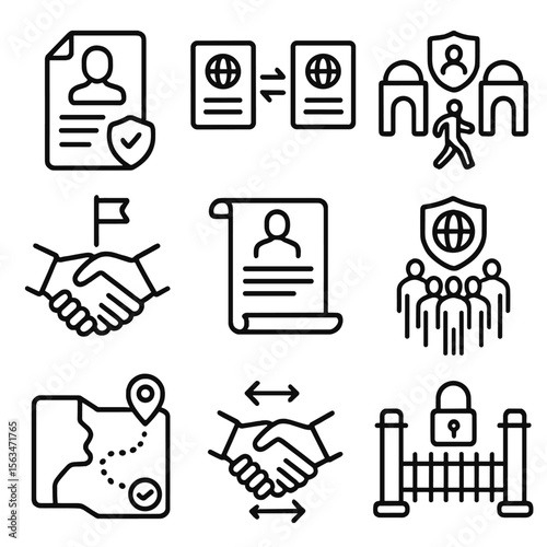 Migration Law Icons. Line style icons of migration and movement law: migrant rights document, cross-border movement treaty, safe
