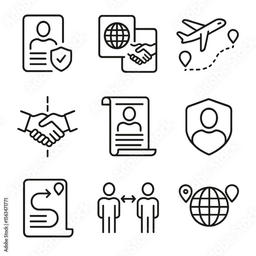 Migration Law Icons. Line style icons of migration and movement law: migrant rights document, cross-border movement treaty, safe