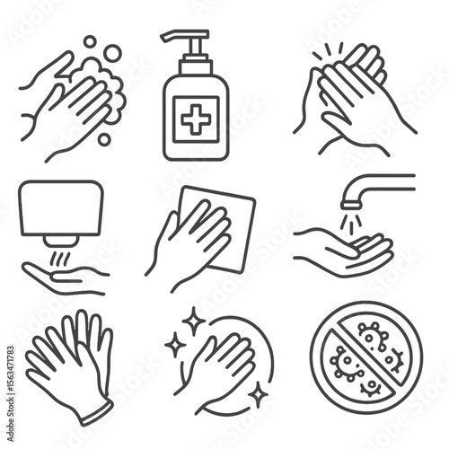 Hand Hygiene Icons. Line style icons of hand hygiene: handwashing with soap, sanitizer bottle, rubbing hands icon, water tap with