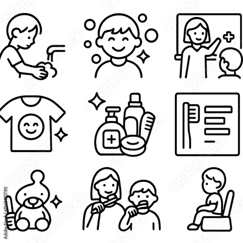 Child Hygiene Icons. Line style icons of hygiene for children: child washing hands, soap bubbles and child, hygiene lesson icon,