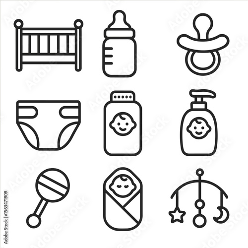 Baby Care Icons. Line style icons of Baby Care Essentials: crib, baby bottle, pacifier, diaper, baby powder, baby lotion, rattle,