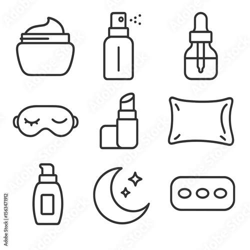 Night Care Icons. Line style icons of night care and wellness: night cream jar, face mist, overnight serum, sleep mask skincare,