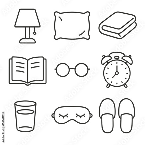 Bedtime Routine Icons. Line style icons of Bedtime Routine: bedside lamp, pillow, blanket, book, eyeglasses, alarm clock, glass of