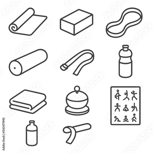 Gentle Yoga Icon Set. Line style icons of Gentle Yoga Flow: yoga mat, yoga block, stretch band, bolster pillow, yoga strap, water