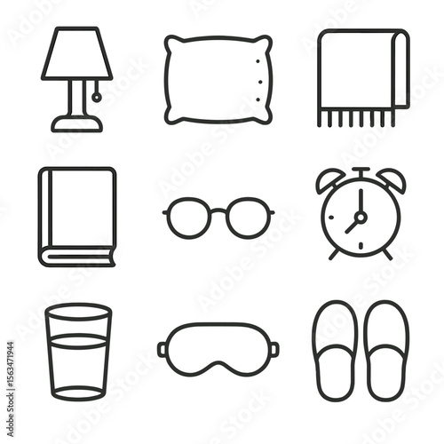 Bedtime Routine Icons. Line style icons of Bedtime Routine: bedside lamp, pillow, blanket, book, eyeglasses, alarm clock, glass of