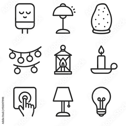 Calm Lighting Icons. Line style icons of Calm Lighting Options: night light, dimmable lamp, salt lamp, string lights, lantern,