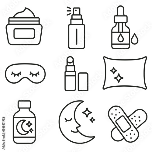 Night Care Icons. Line style icons of night care and wellness: night cream jar, face mist, overnight serum, sleep mask skincare,