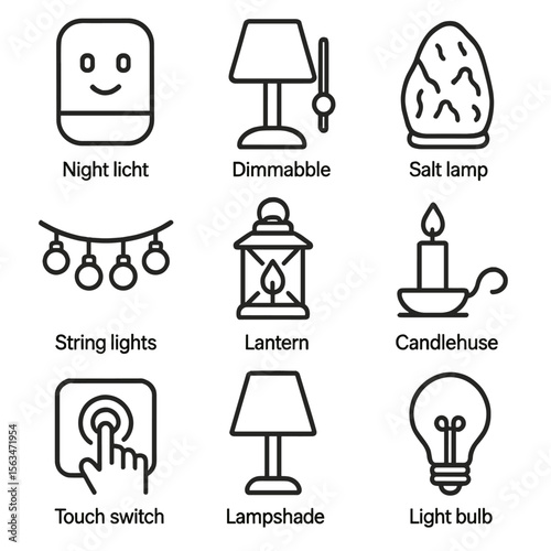 Calm Lighting Icons. Line style icons of Calm Lighting Options: night light, dimmable lamp, salt lamp, string lights, lantern,