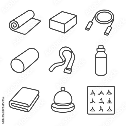 Gentle Yoga Icon Set. Line style icons of Gentle Yoga Flow: yoga mat, yoga block, stretch band, bolster pillow, yoga strap, water
