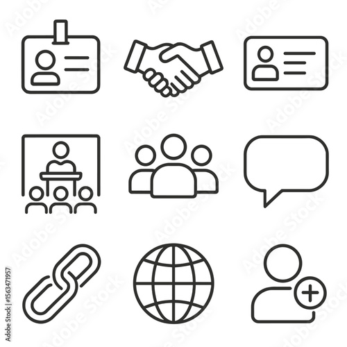 Business Networking Icons. Line style icons of Business Networking: name badge, handshake, business card, networking stage, group