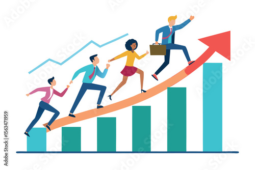 Teamwork and growth business people ascending upward arrow graph isolated on white background