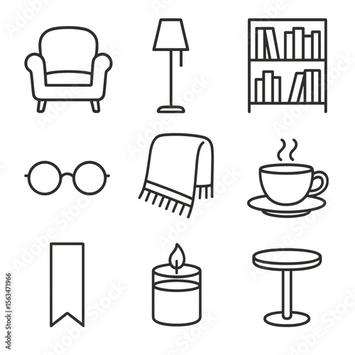 Cozy Reading Essentials. Line style icons of Quiet Reading Corner: armchair, floor lamp, bookshelf, reading glasses, blanket shawl