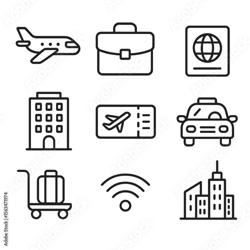 Business Travel Icons. Line style icons of Business Travel: airplane, briefcase, passport, boarding pass, hotel building, taxi cab