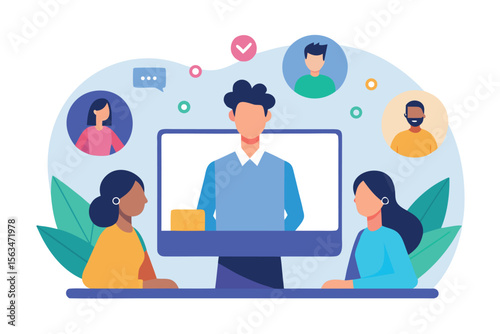 Diverse group of people participating in a video conference call isolated on white background