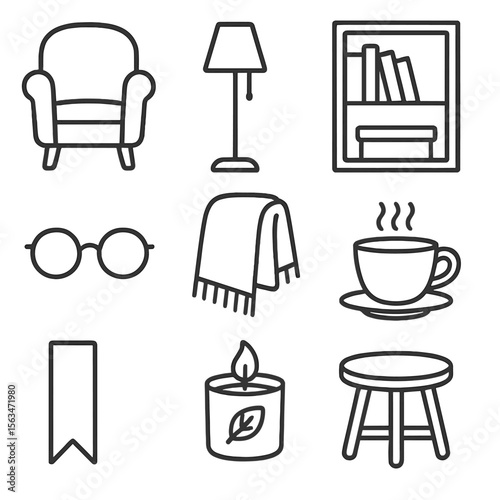 Cozy Reading Essentials. Line style icons of Quiet Reading Corner: armchair, floor lamp, bookshelf, reading glasses, blanket shawl