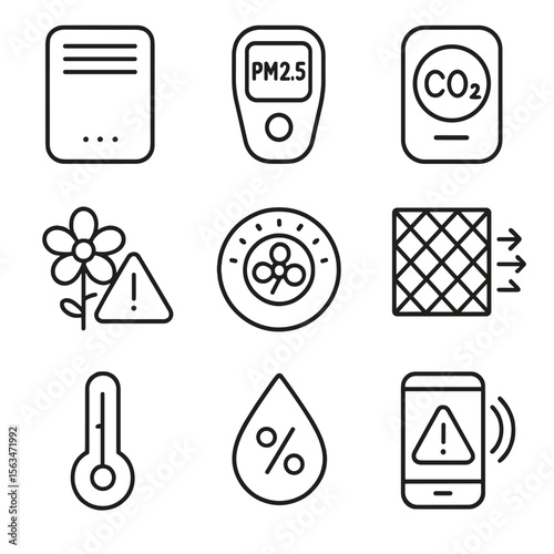 Indoor Air Quality Icons. Outline style icons of Indoor Air Quality Control: air purifier, PM2.5 meter, CO₂ indicator, pollen