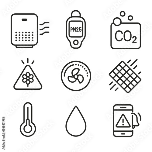 Indoor Air Quality Icons. Outline style icons of Indoor Air Quality Control: air purifier, PM2.5 meter, CO₂ indicator, pollen