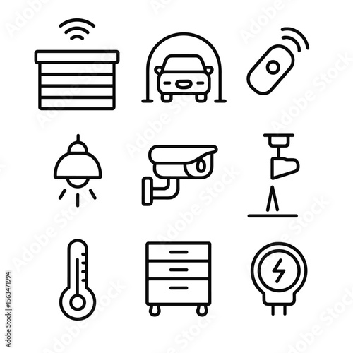 Garage Automation Icons. Outline style icons of Garage Automation: smart garage door, car presence sensor, remote clicker,