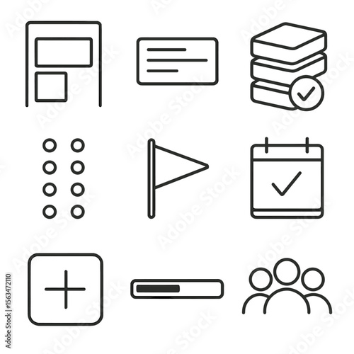 Kanban Board Icons. Outline style icons of Online Kanban Board: backlog column, in-progress card, done stack, drag handle,