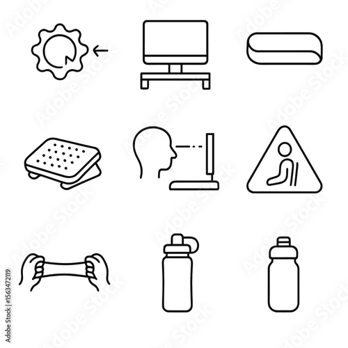 Remote Ergonomic Icons. Outline style icons of Remote Ergonomic Checklist: adjustable chair knob, monitor riser, wrist rest,