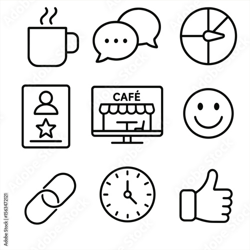Virtual Coffee Lounge Icons. Outline style icons of Virtual Coffee Break Lounge: steaming mug, chat circle, randomizer spinner,