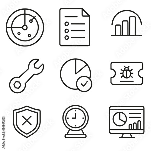 Vulnerability Tools Icons. Outline style icons of Vulnerability Assessment Tools: vulnerability scanner radar, CVE list sheet,