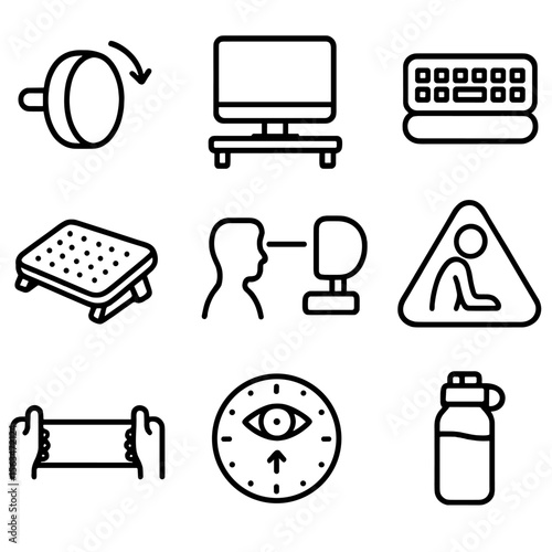 Remote Ergonomic Icons. Outline style icons of Remote Ergonomic Checklist: adjustable chair knob, monitor riser, wrist rest,