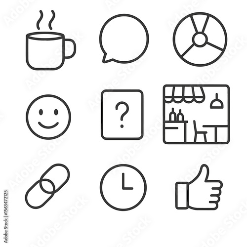 Virtual Coffee Lounge Icons. Outline style icons of Virtual Coffee Break Lounge: steaming mug, chat circle, randomizer spinner,